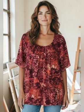 Maggie Barnes  Floral Scoop Neck Blouse Size 1X Burgundy Orange